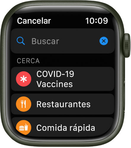 La pantalla Buscar de la app Mapas mostrando el campo de búsqueda en la parte superior. Debajo de Cerca hay botones para vacunas contra COVID-19, restaurantes y comida rápida.