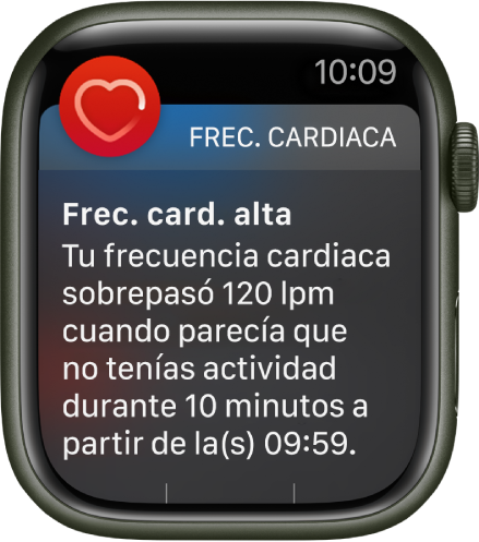 Pantalla “Alerta de frecuencia cardiaca” indicando que se detectó una frecuencia cardiaca alta.