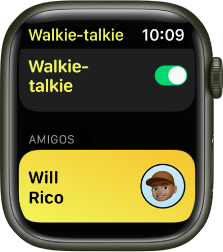 Pantalla de Walkie-Talkie mostrando el botón Walkie-Talkie cerca de la parte superior, y un amigo al que se invitó en la parte inferior.