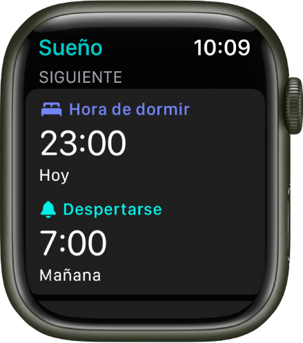 La app Sueño en el Apple Watch mostrando el horario de dormir de la noche. La hora de dormir se muestra en la parte superior, y la hora de despertar está debajo de ella.