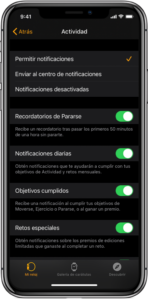 La pantalla Actividad en la app Apple Watch, en donde puedes personalizar las notificaciones que deseas obtener.