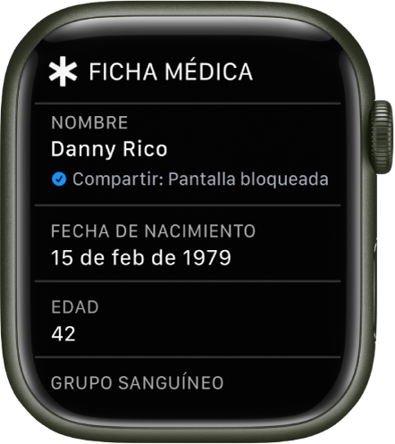 Pantalla de la ficha médica mostrando el nombre, la fecha de nacimiento y la edad del usuario.