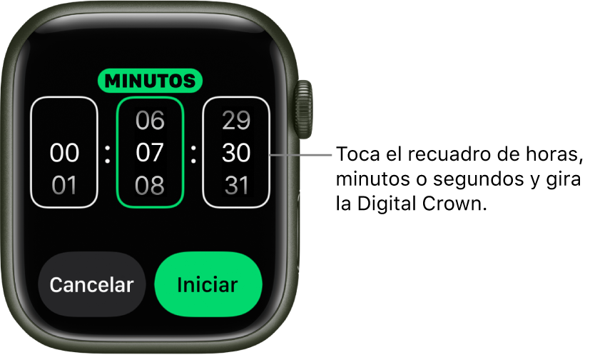 Configuración para crear un temporizador personalizado, con las horas en la izquierda, los minutos en el centro y los segundos en la derecha. Los botones Iniciar y Cancelar se encuentran debajo.