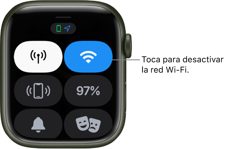Centro de control del Apple Watch (GPS + Cellular) con el botón de Wi-Fi en la parte superior. El texto dice "Toca para desactivar la red Wi-Fi".