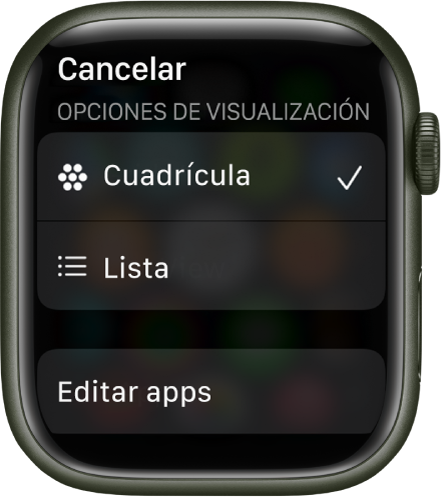 La pantalla “Opciones de visualización” muestra los botones Cuadrícula y Lista. El botón “Editar apps” está en la parte inferior de la pantalla.