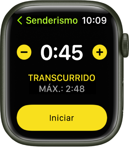 La pantalla de objetivo mostrando el tiempo cerca de la parte superior, con los botones - y + en cada lado y el botón Iniciar en la parte inferior.