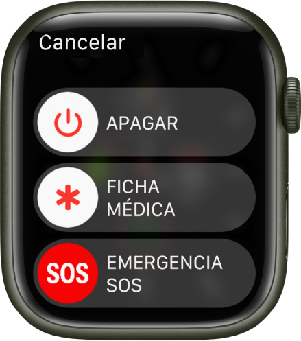 La pantalla del Apple Watch mostrando tres reguladores: Apagar, ficha médica y emergencia SOS.