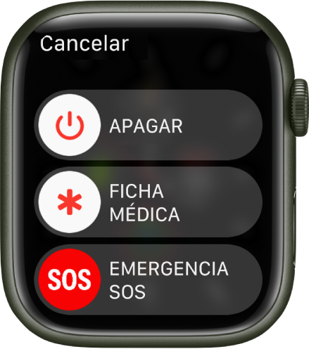 La pantalla del Apple Watch mostrando tres reguladores: Apagar, ficha médica y emergencia SOS. Arrastra el regulador de apagado para apagar el Apple Watch.