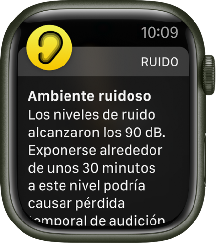 Apple Watch mostrando una notificación de ruido. El ícono de la app asociada con la notificación aparece en la esquina superior izquierda. Puedes tocarlo para abrir la app.