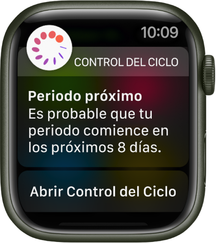 Apple Watch mostrando una pantalla de predicción de periodo que dice "Periodo próximo". Es probable que tu periodo comience en los próximos 8 días. El botón "Abrir Control del Ciclo" se muestra en la parte inferior.