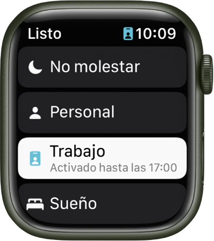 La lista Enfoques muestra “No molestar”, “Personal”, “Trabajo” y “Sueño”. El enfoque “Trabajo” está activado.