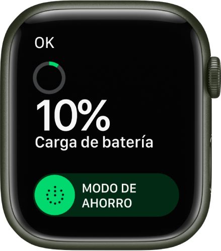 La pantalla Ahorro de energía mostrando el botón OK en el área superior izquierda, el porcentaje de batería restante y el regulador "Ahorro de energía".