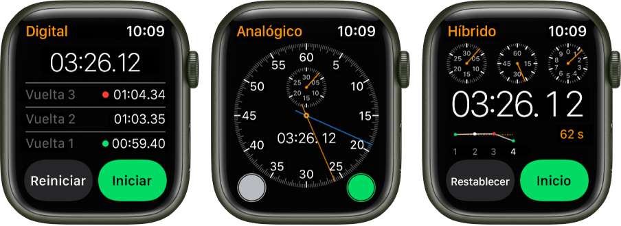 Tres tipos de cronómetros en la app Cronómetro: Un cronómetro digital con contador de vueltas, un cronómetro analógico y un cronómetro híbrido que muestra el tiempo de forma análoga y digital. Cada reloj tiene botones de inicio y de reinicio.