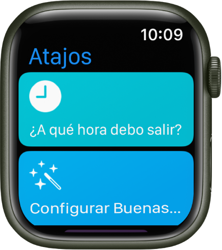 La app Atajos en el Apple Watch muestra dos atajos: “¿A qué hora debo salir?” y “Establecer buenas noches”.