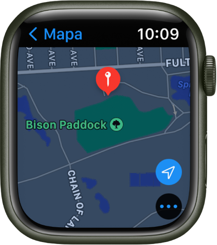 La app Mapas con un mapa donde se muestra una chincheta roja, que puede utilizarse para obtener la dirección aproximada de un punto del mapa o como destino para las indicaciones.