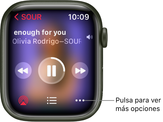 La pantalla “Ahora suena” en la app Música. El nombre del álbum se encuentra en la parte superior izquierda. El título de la canción y el artista aparecen arriba, los controles de reproducción en el medio y AirPlay, la lista de pistas y los botones de opciones están abajo.