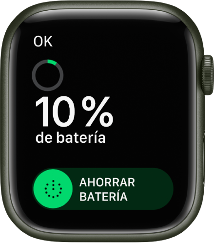 La pantalla “Ahorrar batería”, con el botón OK en la esquina superior izquierda, el porcentaje de batería restante y el regulador “Ahorrar batería”.