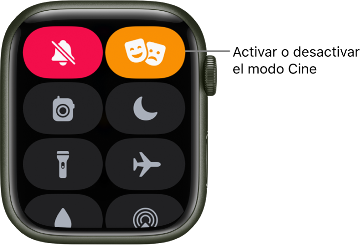 El centro de control con los botones del modo Cine y del modo Silencio resaltados para mostrar que el modo Cine está activado.