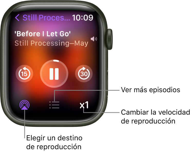 Una pantalla “Ahora suena” de Podcasts, con el título del programa, el título del episodio, la fecha, el botón de retroceder 15 segundos, el botón de pausa, el botón de avanzar 30 segundos, el botón de AirPlay, el botón de episodios y el botón de velocidad de reproducción.