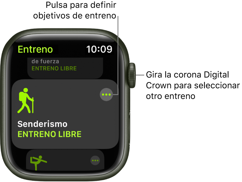 La pantalla Entreno, con el entreno Senderismo resaltado. Arriba a la derecha se muestra un botón Más. Debajo se muestra una parte del entreno Andar.