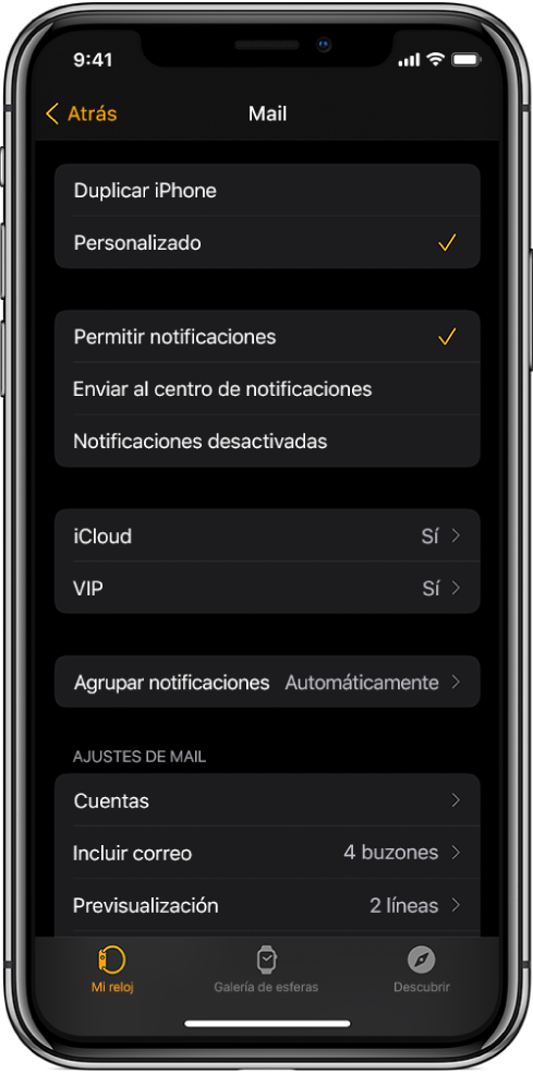 Ajustes de la app Mail en la app Apple Watch con los ajustes para las notificaciones y las cuentas de correo electrónico.
