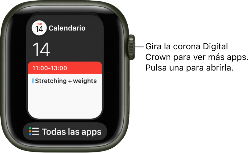El Dock con la app Calendario y un botón “Todas las apps” debajo. Gira la corona Digital Crown para ver más apps. Toca una para abrirla.