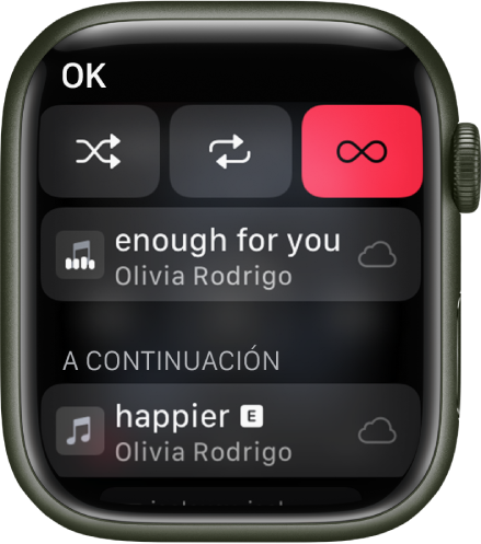 Ventana de la lista de pistas con los botones Aleatorio, Repetir y “Reproducción automática” en la parte de arriba y una pista justo debajo. Hacia el final, aparece otra pista debajo de “A continuación”. El botón OK se encuentra en la parte superior izquierda.