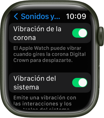 La pantalla “Vibración de la corona” con la opción “Vibración de la corona” activada. Debajo aparece la opción “Vibración del sistema”.