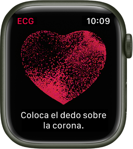La app ECG muestra una imagen de un corazón con las palabras “Coloca el dedo sobre la corona”.