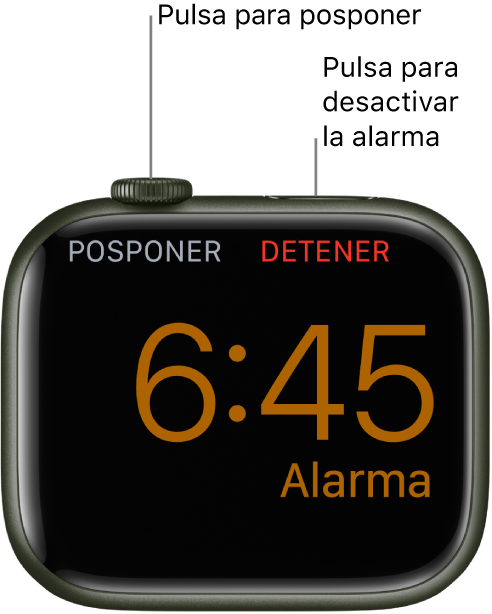 Un Apple Watch colocado de lado, con la pantalla que muestra una alarma que está sonando. Debajo de la corona Digital Crown se ve la palabra Posponer. Debajo del botón lateral se ve la palabra Detener.