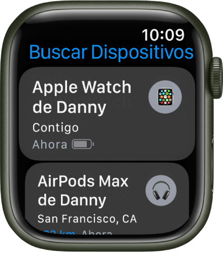 App Buscar Dispositivos con dos dispositivos: un Apple Watch y unos AirPods.