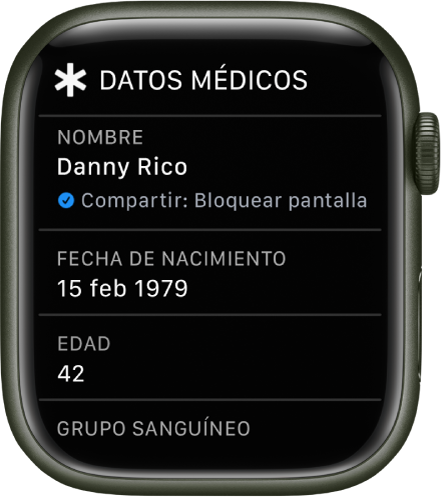 La pantalla “Datos médicos”, con el nombre del usuario, la fecha de nacimiento y la edad.