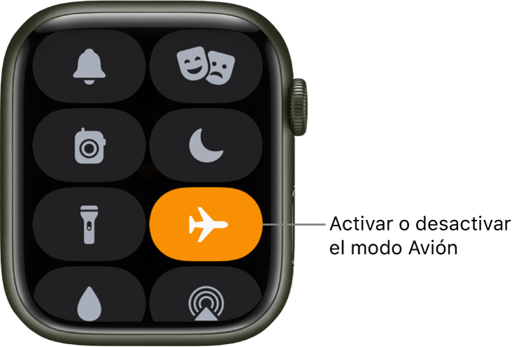 El centro de control con el botón del modo Avión resaltado para mostrar que el modo Avión está activado.