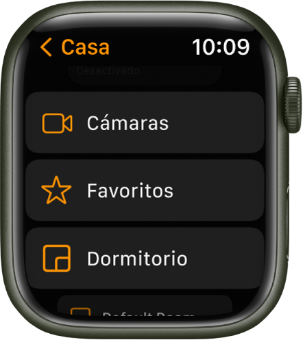 La app Casa con una lista que contiene botones para Cámaras, Favoritos y habitaciones.