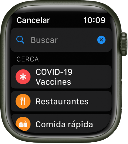 La pantalla de búsqueda de la app Mapas donde se puede ver el campo Buscar cerca de la parte de arriba. Debajo de Cerca están los botones de vacunación de la COVID-19, Restaurantes y “Comida rápida”.