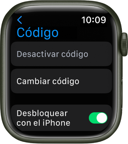 Ajustes de código del Apple Watch, con el botón “Desactivar código” arriba, el botón “Cambiar código” debajo del mismo y el interruptor “Desbloquear con el iPhone” en la parte inferior.