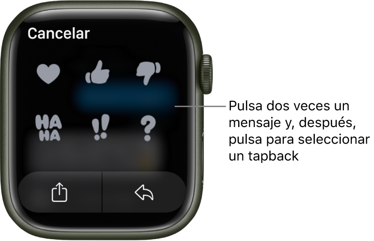 Conversación de Mensajes con opciones de Tapback: corazón, pulgar hacia arriba, pulgar hacia abajo, risa, doble signo de cierre de exclamación y signo de cierre de interrogación. Debajo hay un botón Responder.