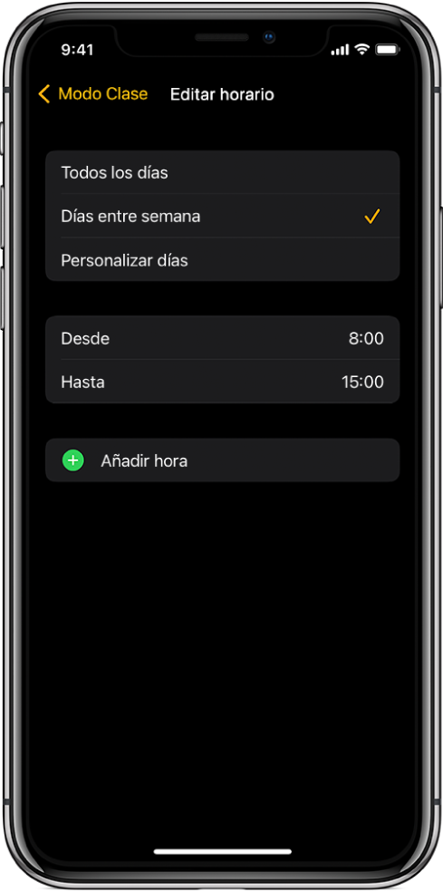 iPhone con la pantalla “Editar horario” del modo Clase. En la parte de arriba aparecen las opciones “Todos los días”, “Días entre semana” y “Personalizar días”, con la opción “Días entre semana” seleccionada. Las horas Desde y Hasta están en mitad de la pantalla y debajo hay un botón “Añadir hora”.