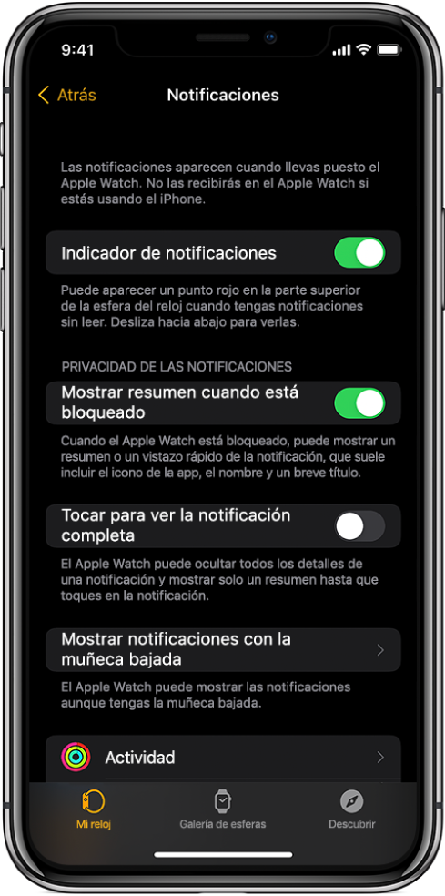 La pantalla Notificaciones de la app Apple Watch del iPhone, con fuentes de notificaciones.