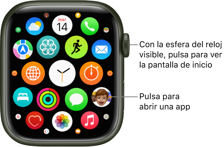 Pantalla de inicio en visualización de mosaico en el Apple Watch, con una agrupación de apps. Toca una app para abrirla. Arrastra para ver más apps.