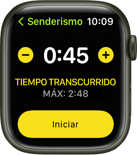 Pantalla del objetivo con el tiempo cerca de la parte superior, los botones + o – a cada lado y el botón Empezar en la parte inferior.