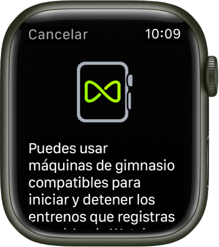 Una pantalla de enlace que aparece al enlazar el Apple Watch con las máquinas del gimnasio.