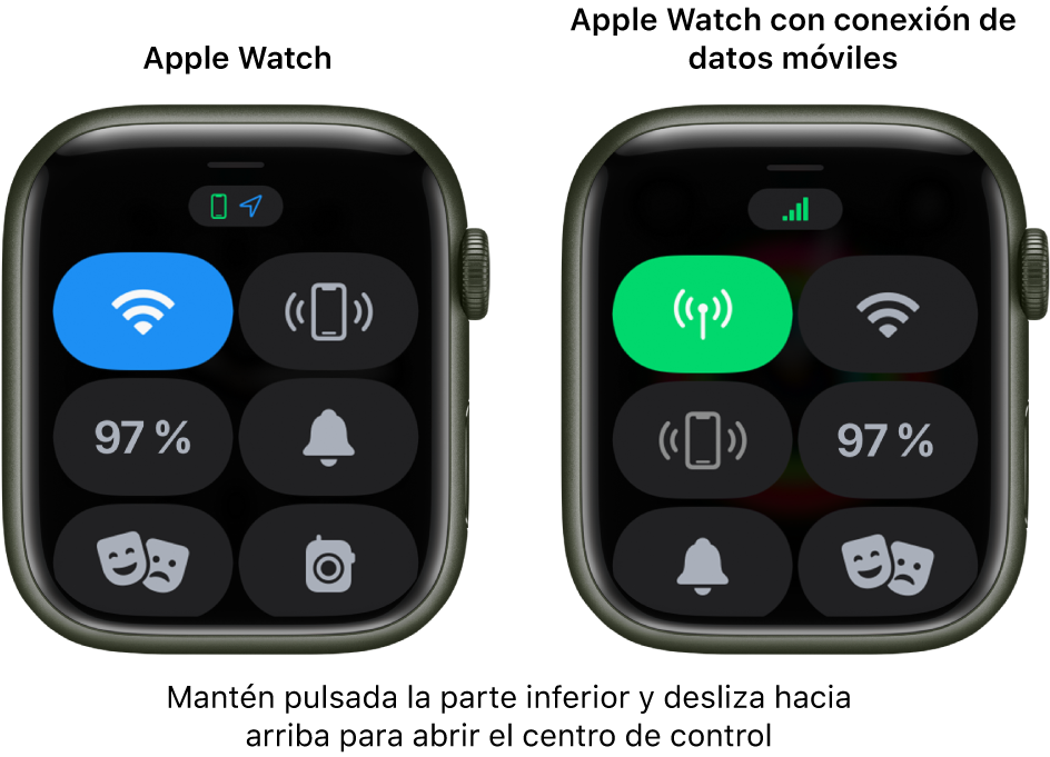 Dos imágenes: Apple Watch sin datos móviles a la izquierda, con el centro de control. El botón Wi-Fi está en la parte superior izquierda; el botón “Oír el iPhone”, en la parte superior derecha; el botón del porcentaje de batería, en la parte central izquierda; el botón del modo Silencio, en la parte central derecha; el botón del modo Cine en la parte inferior izquierda; y el botón Walkie-talkie, en la parte inferior derecha. La imagen de la derecha muestra el Apple Watch con datos móviles. Su centro de control muestra el botón “Datos móviles” en la parte superior izquierda, el botón Wi-Fi en la parte superior derecha, el botón “Oír el iPhone” en la parte central izquierda, el botón del porcentaje de batería en la parte central derecha, el botón del modo silencios en la parte inferior izquierda y el botón del modo Cine en la parte inferior derecha.