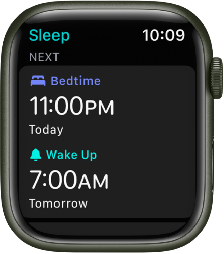 Apple Watchi rakendus Sleep kuvab õhtu magamise ajakava. Üleval kuvatakse Bedtime ning selle all on Wake Upi kellaaeg.