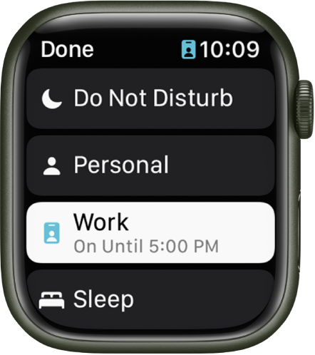 Loendis Focus kuvatakse Do Not Disturb, Personal, Work ja Sleep. Work Focus on aktiveeritud.