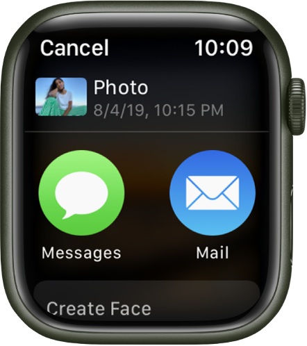 Apple Watchi rakenduse Photos jagamiskuva. Ekraani ülaosas on foto. All on nupud Messages ja Mail.