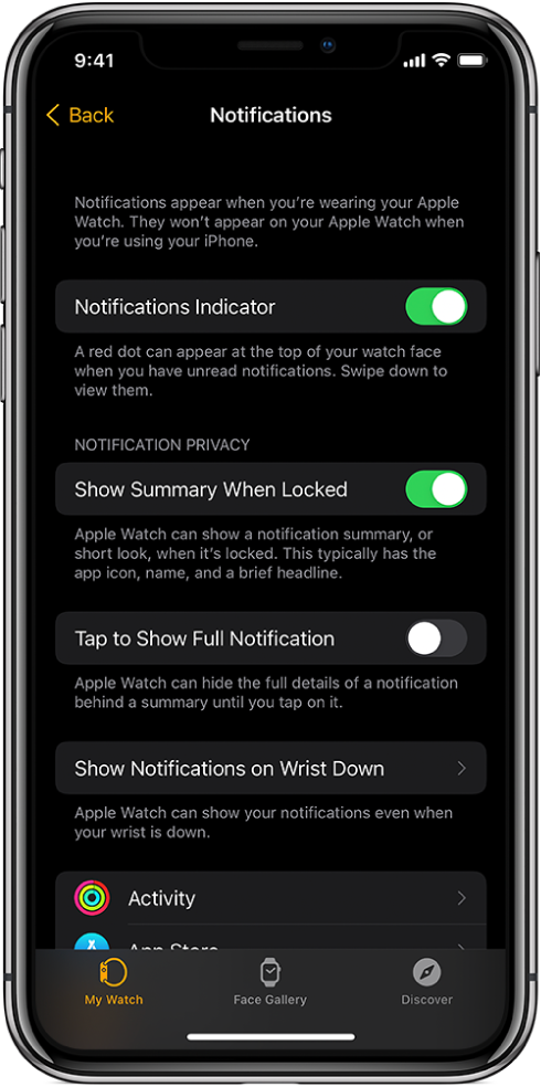 iPhone'i rakenduse Apple Watch kuva Notifications, kus on toodud märguannete allikad.