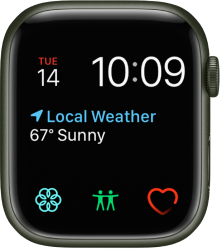 Kellakuva Modular, kus saate reguleerida kellakuva värvi. Ülaosas kuvatakse kuupäeva ja kellaaega, keskel on komplikatsioon Weather Conditions ning allosas kolm alamkomplikatsiooni: Mindfulness, Find People ja Heart Rate.