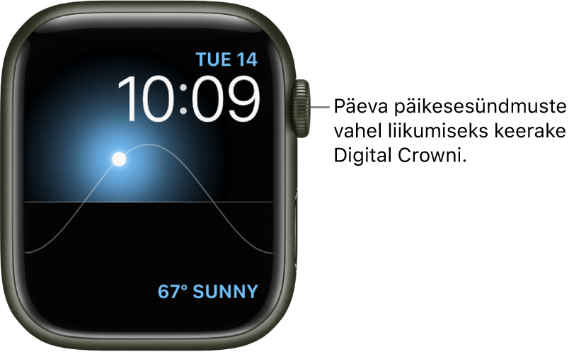 Kellakuva Solar Graph, mis kuvab päeva, kuupäeva ja praegust kellaaega, mida ei saa muuta. All paremal on komplikatsioon Weather. Keerake Digital Crowni, et liigutada taevas olev päike videvikku, koidikusse, seniiti, päikeseloojangusse või pimedusse.