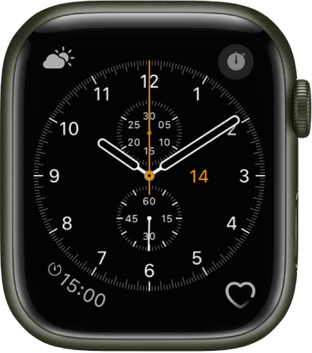 Kellakuva Cronograph, kus saab reguleerida kellakuva värvi ja numbriplaadi üksikasju. Sellel kuvatakse neli komplikatsiooni: üleval vasakul Weather Conditions, üleval paremal Stopwatch, all vasakul Timers ning all paremal Heart Rate.